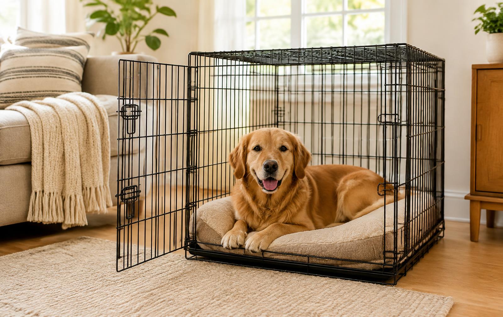 Golden retriever resting on a cushion inside an open wire crate